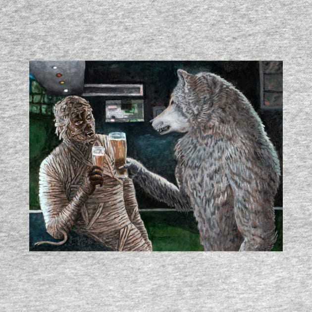 Mummy and Werewolf Happy Hour Drinking Beer by Helms Art Creations